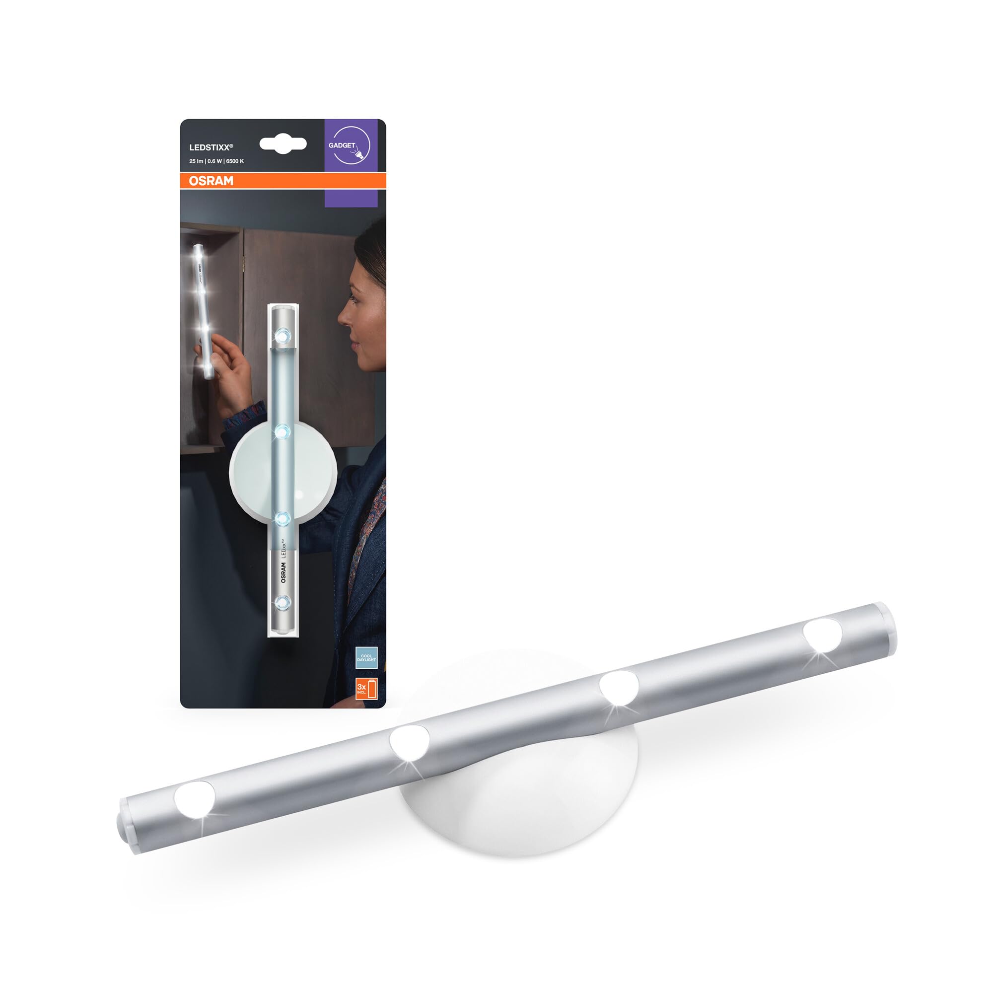 Osram LEDSTIXX LED Stableuchte 6500K, Batteriebetriebene LED Stablampe mit Aluminiumgehäuse, Kaltweiß, IP20, Inkl. Batterien