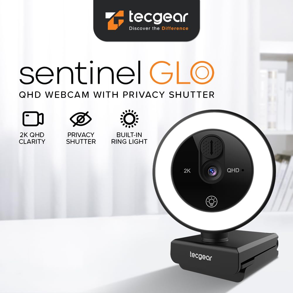 Tecgear Sentinel Glo, 2K Webcam with Ring Light, Built-in Privacy Shutter, Auto Focus QHD Resolution Privacy Lens Cover, Built-in Microphone