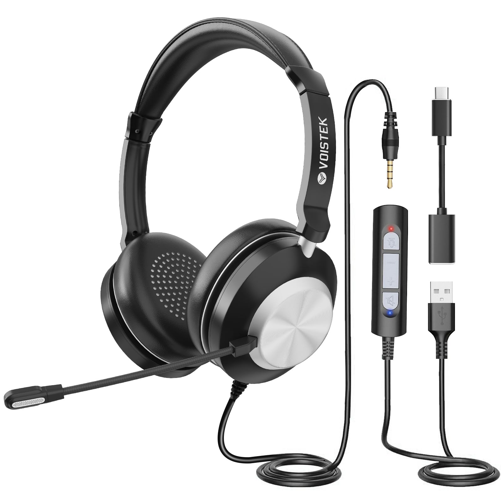 Voistek Cuffie con Microfono Antirumore USB 3,5mm/Type-C - Adattatore Professionale 3 in 1 per Call Center, Business Online, Corsi PC, Smartphone,Lezioni Online, Riunioni Zoom/Skype