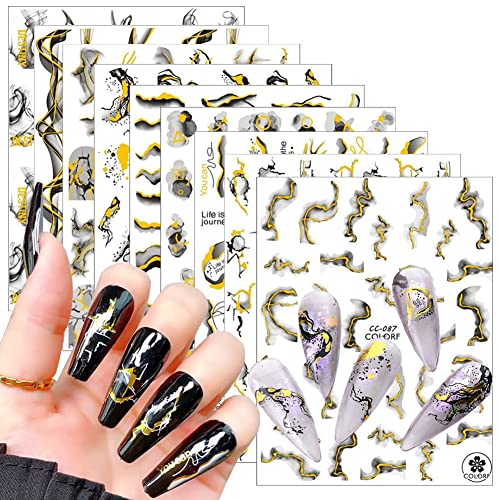 9 Sheets Marble Nail Art Stickers,Gold Nail Foil Decals Nail Art Supplies 3D Self-Adhesive Bronzing Stripe Lines Wavy French Marble Nail Designs Holographic Slider Decal Metallic Manicure Decorations #TOP24