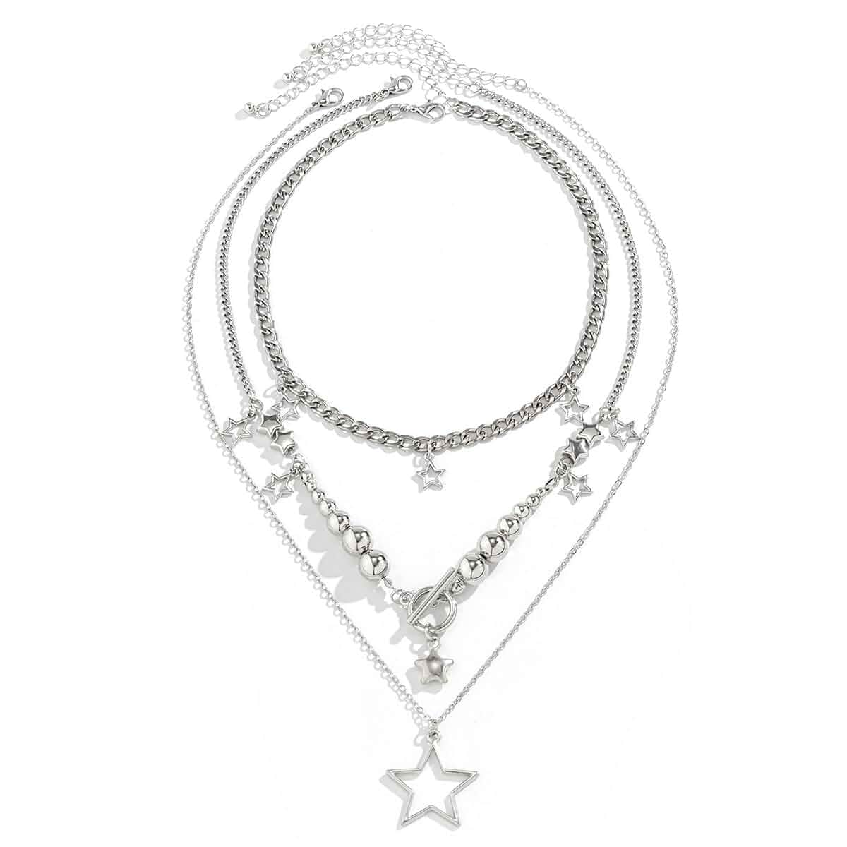 Star Y2k Silver Necklace Grunge Layered Necklace Cute Aesthetic Stack Toggle Chain Necklaces Gothic Vintage Emo Jewelry Set for Women