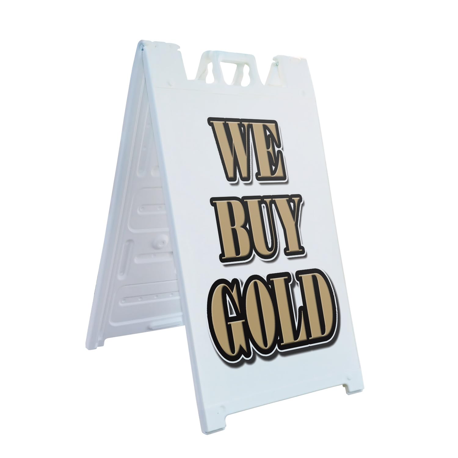 A-Frame Sidewalk We Buy Gold 24" x 36" Double Sided A-Frame Sidewalk Sign, Includes 2 Installed Vinyl Decals | Foldable Portable White Signicade
