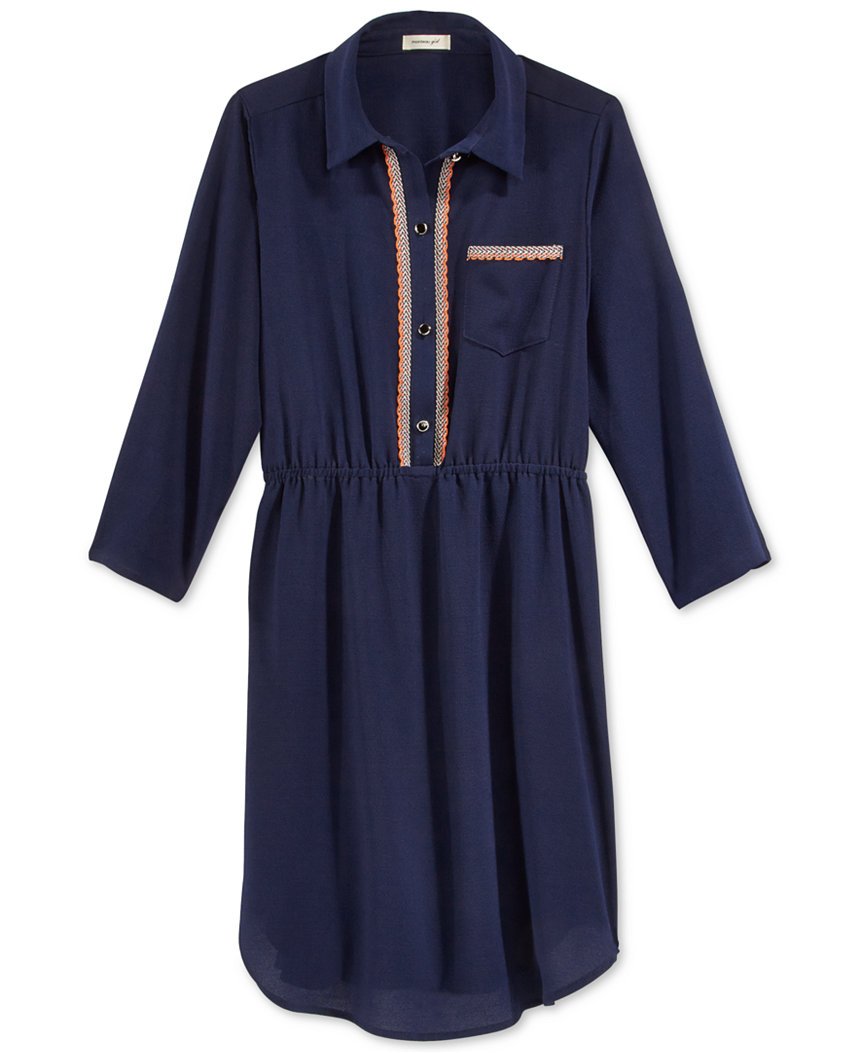 Monteau's Max & RileyGirls' Three-Quarter-Sleeve Shirtdress Size M Navy