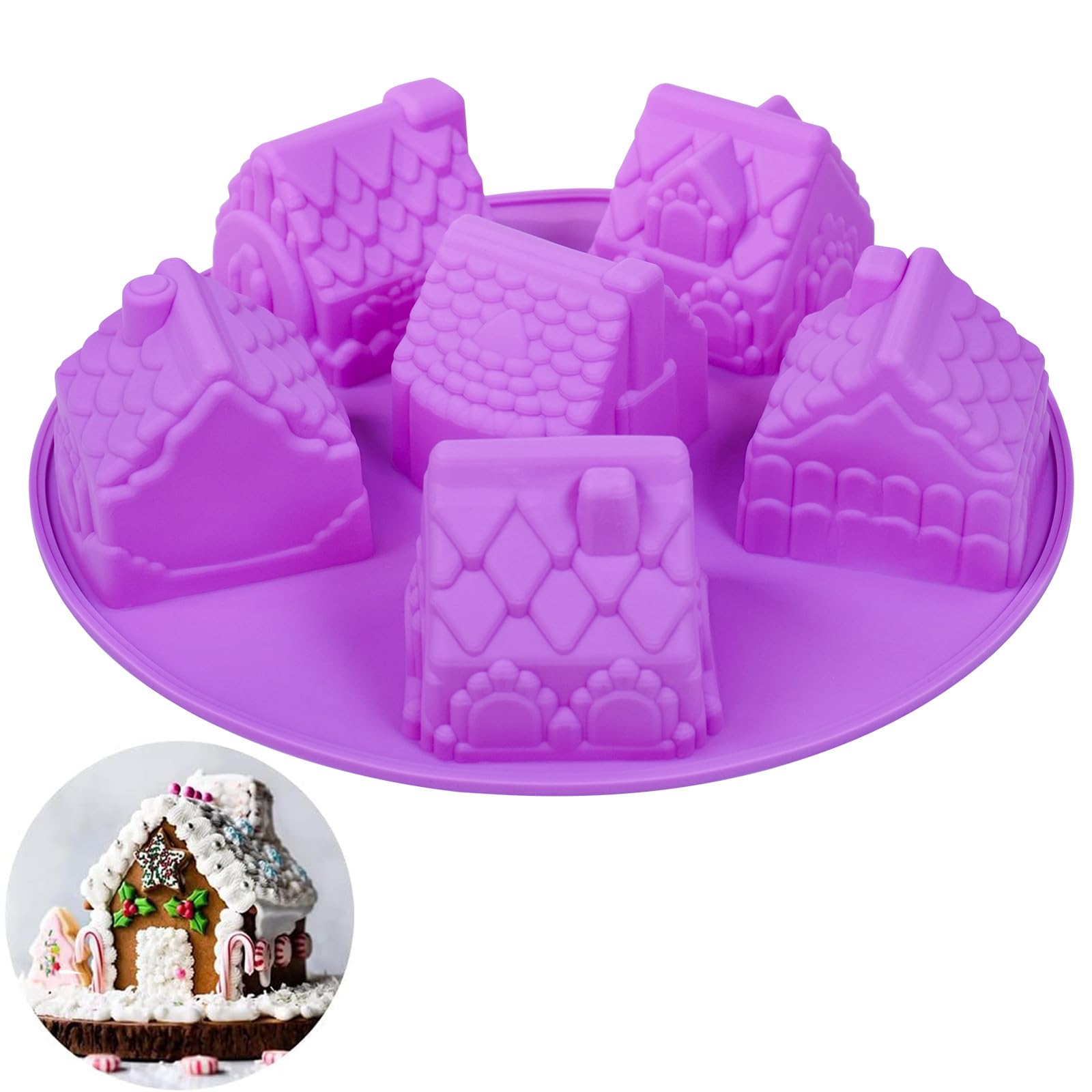 PhantomSky 6 Cell Silicone Gingerbread House Mould for Baking Cupcake Ice Cube Chocolate Jelly Candy Handmade Soap,Nonstick/BPA Free/Christmas Molds for Chocolate/Colors are Shipped Randomly