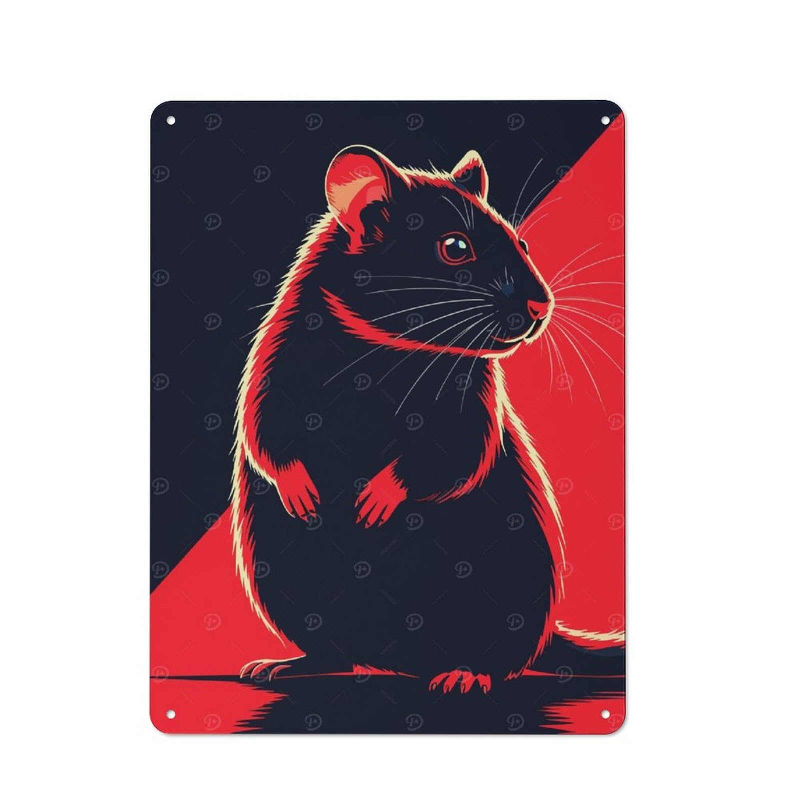 Junmoney Stylized Rat Illustration In Red And Black Decorative Metal Plaque 40X30cm, Garage Style Shed Wall Plaque For Workshop, Basement, Shed Or Games Room