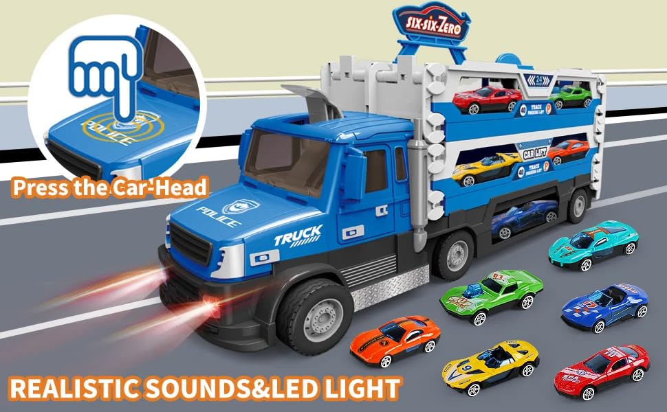 Image of Happy Hues Big Hauler Storage & Deform Truck Toy with 55 inch 2 Ejection Race Track & 6 Cars- Catapult Truck with LED Light & Music for Kids (Blue)
