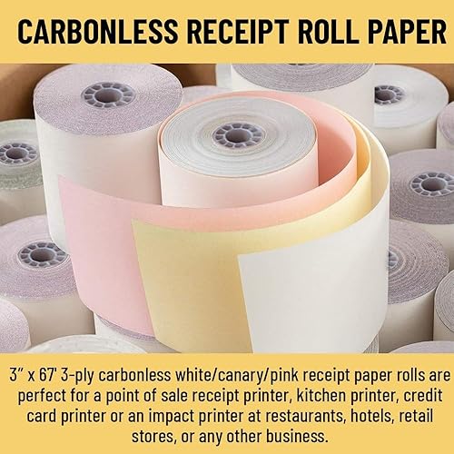 Miniatura 5 de POS - Papel de recibo de 3 capas  3 pulgadas x 67 pies  Papel de recibo autocopiativo  60 rollos  BlancoCanarioRosa  Compatible con Star SP700 TMU