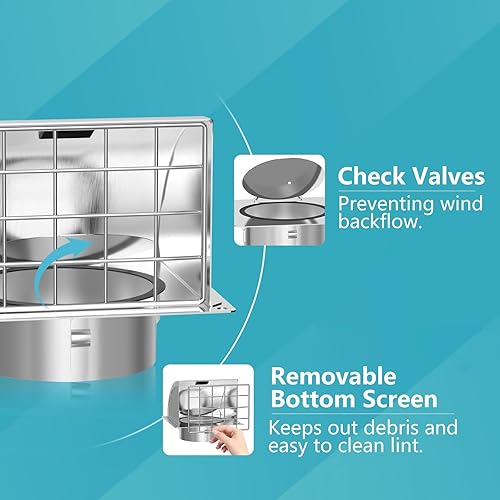 Miniatura 5 de Cubierta de ventilación de escape de 6 pulgadas, HG Power cubierta de ventilación de secadora de acero inoxidable para exteriores con pantalla