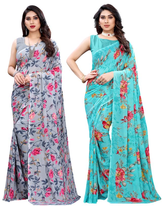 Image of SIRIL Women's Georgette Printed Saree With Unstitched Blouse Piece Combo Pack Of 2