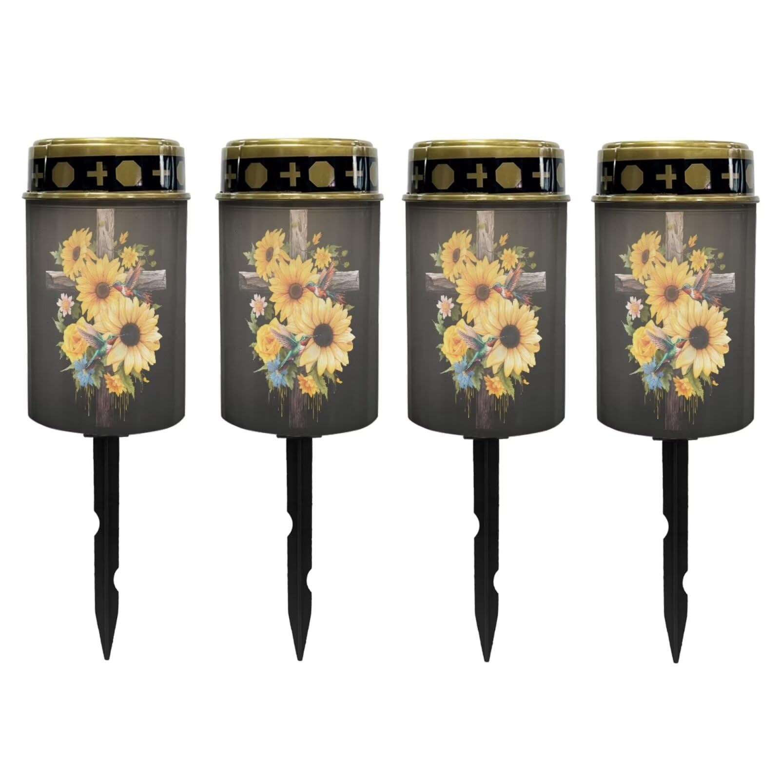 Poceacles Cross Outdoor Solar Lights Waterproof Outdoor Lights Solar Powered Solar Lantern Light Blessed Candles Cemetery Lights Outdoor Stake Home Decorative, Sunflower Hummingbird Cross, Pack of 4