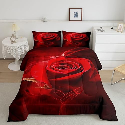 Miniatura 2 de Erosebridal Juego de edredón floral rosa tamaño individual, juego de ropa de cama color negro degradado rojo para niñas y mujeres, regalo romántico