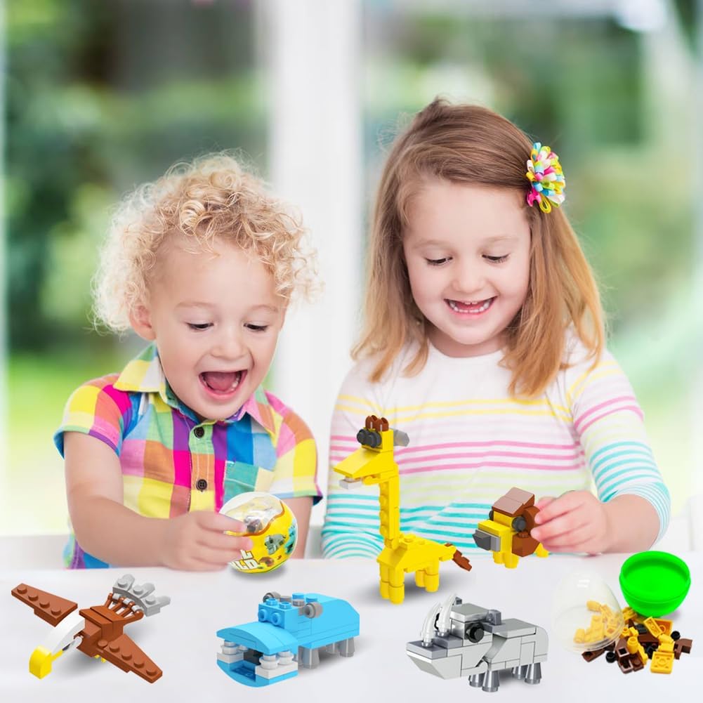 WODMAZ 12PCS PreFilled Easter Eggs with Animals Building Blocks, Easter Safari Animals Toys Set for Kids Easter Gifts, Easter Basket Stuffers Fillers, Easter Egg Hunt Classroom Prize Toys