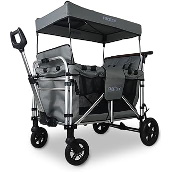 FUXLIFE Foldable Handcart - Premium - FX-CTXL900 4-Seater Grey   XL Folding Hand Cart with Raised Double Seats & 5 Point Straps   Large Interior & Sun Canopy   Foldable & Solid Rubber Tyres