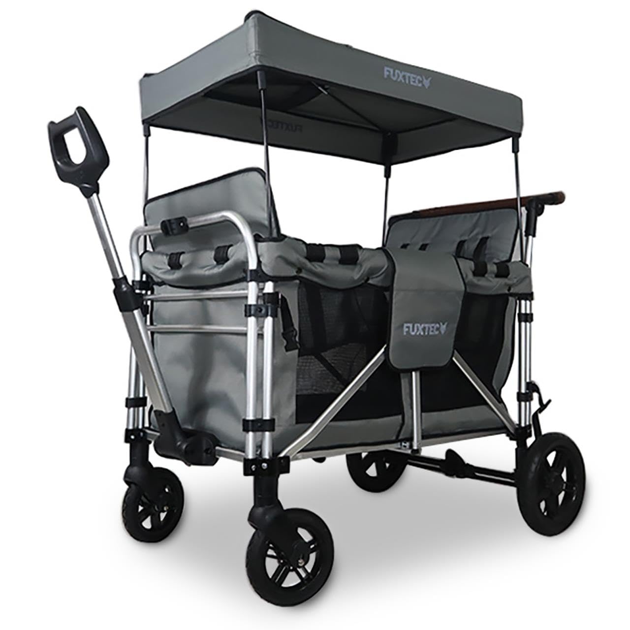 FUXLIFE Carrello Pieghevole - Premium - FX-CTXL900 Grigio • Bollerwagen XL richiudibile con 4 posti e cinture di sicurezza • Ampio vano interno e tettuccio parasole • Ruote XXL