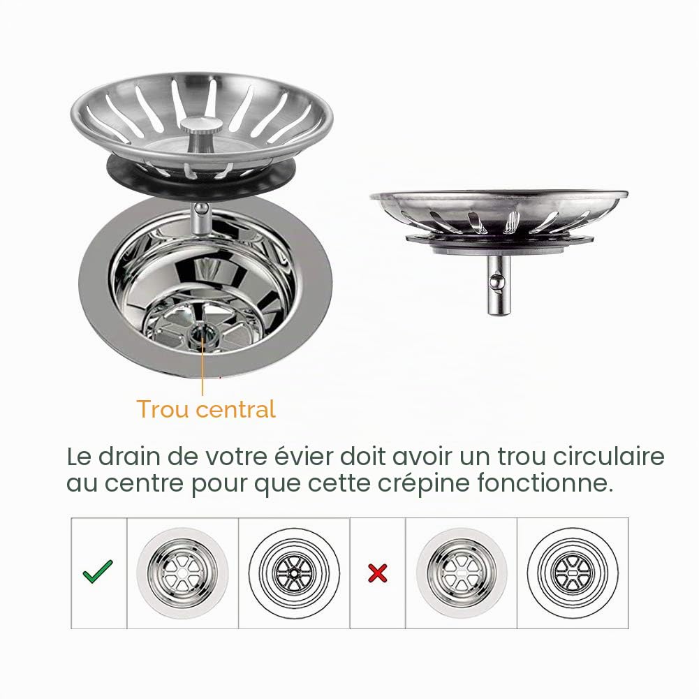 Ibergrif Bouchon Evier Cuisine Inox 78MM Filtre Evier Universel 2 Pièces