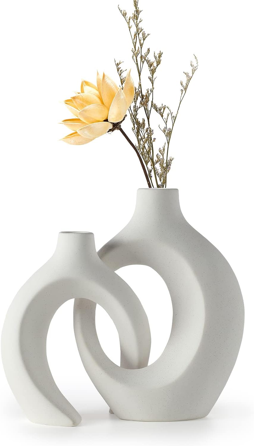 White Hollow Ceramic Vase Set of 2, Unique Round Modern Vase for Nordic Minimalist Style Decor, Donut Boho Aesthetic Vase for Coffee & Kitchen Table, Pampas Grass Living Dining Room Decoration