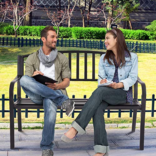 COSTWAY 2 Seater Garden Bench, Metal Frame Loveseat Furniture, Outdoor Patio Park Backyard Lounger Chair Seats (Stripe Pattern) - Image 2