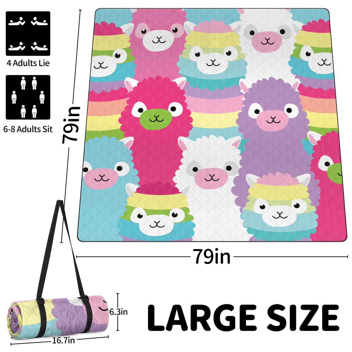 Shimoshe Extra Large Picnic Blankets 79”x 79”, Colorful Cartoon Lamb Waterproof Foldable Picnic Mat with Straps Portable Beach Blanket for Camping Park Grass Beach Indoor