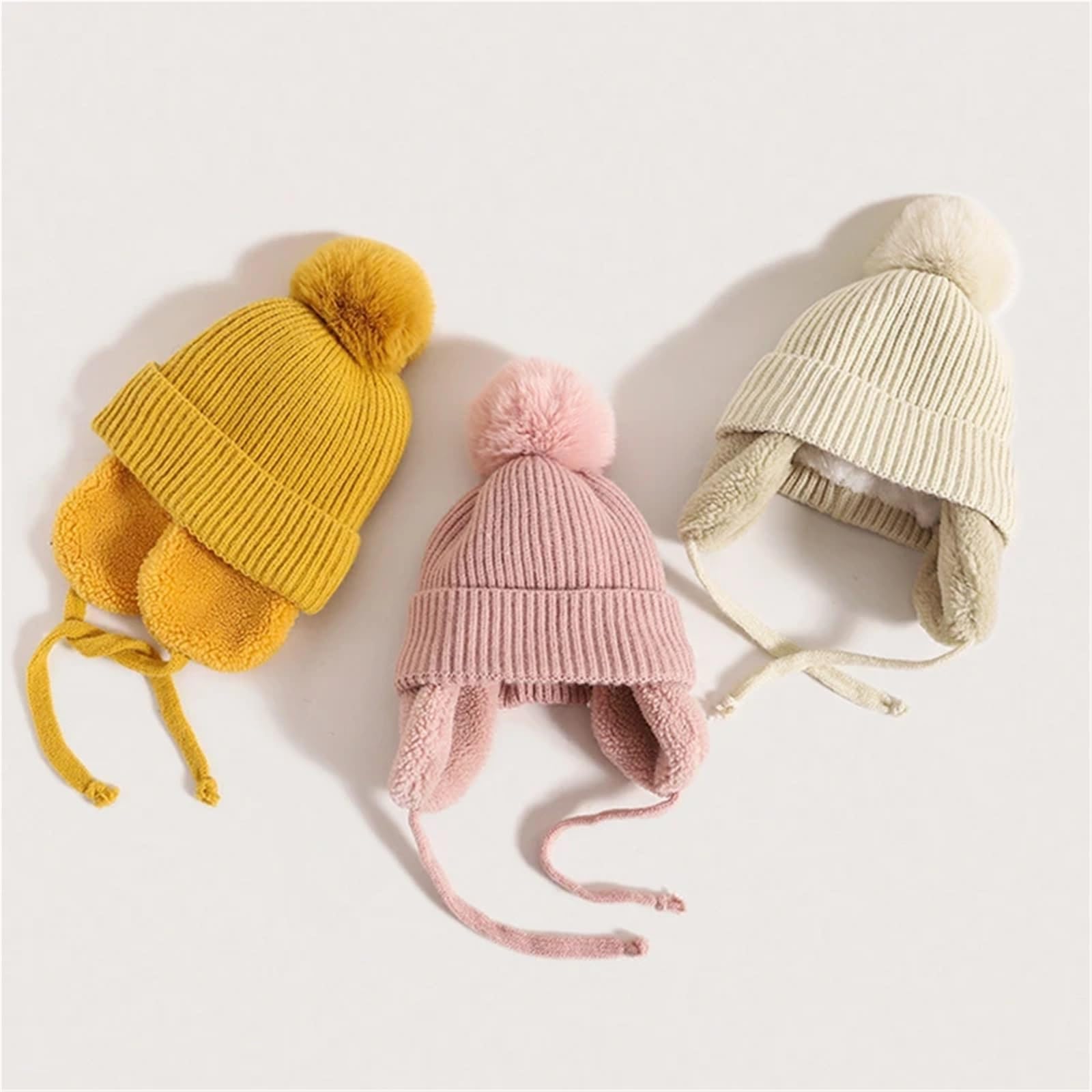 Adorable Pompom Baby Winter Hat – Thick Plush Knitted Earflap Beanie for Boys & Girls, Warm Ear Protection Cap(1)