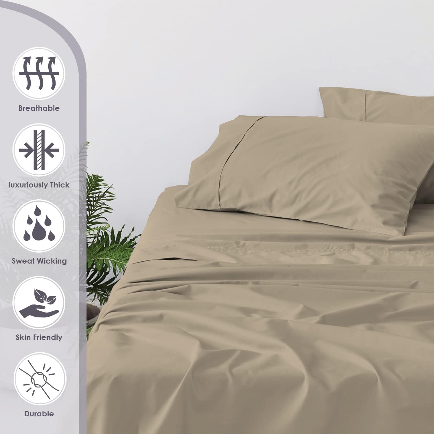 Pizuna Pure 100% Cotton Pillow Cases Queen Size Set of 2 Simply Taupe, 800 Thread Count Long Staple Cotton Thick Sateen with Stylish 4inch Hem (Combed Simply Taupe Cotton Pillow Cases Queen)