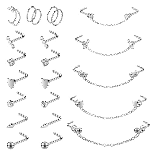 AccGin 20G Nose Rings Studs with Chain Piercing Across Double Nose Stud Nose Hoop Spike Heart Ball CZ Surgical Steel Nostril Piercing Jewelry for Women Men, Black Silver Gold - SR-L
