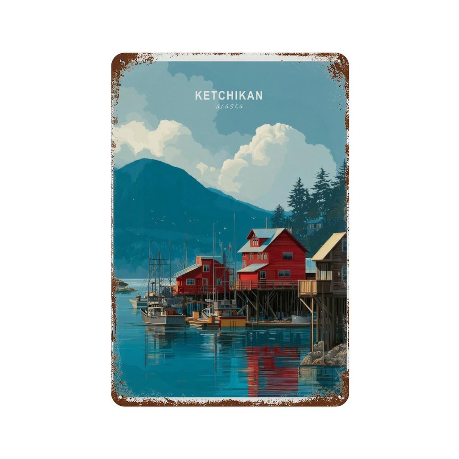 xiaoxiaoshen Ketchikan Harbor Alaska Waterfront View, Northern Coast Wall Decor Art Metal Tin Poster Modern Home Decor Art Home Bar Shop Decorations Vintage Sign 30x20cm