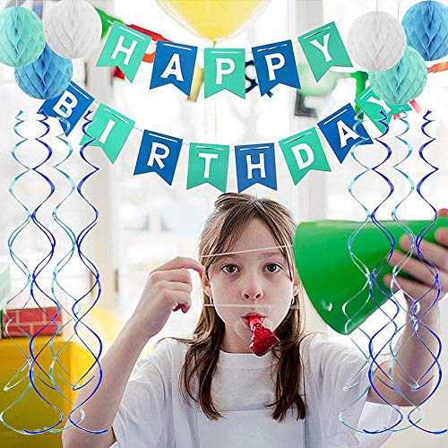 Fecedy Blue Happy Birthday Banner Honeycomb Balls Swirls Streamers For Birthday Party Decorations #TOP4