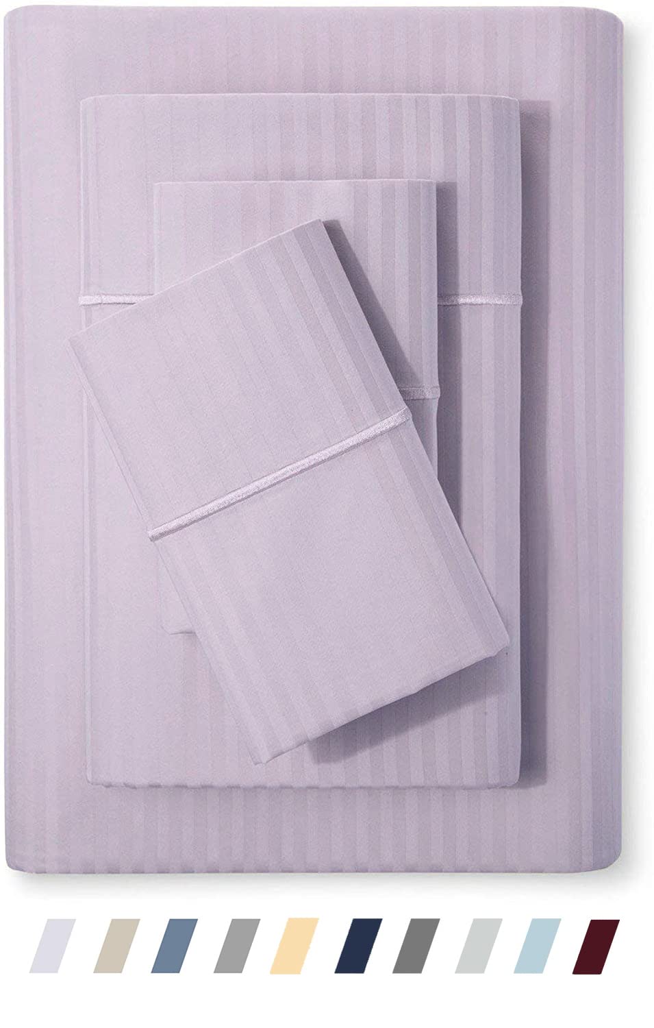 Feather & Stitch California King Size Damask Bed Sheets|100% Soft Cotton Breathable BedSheet Set of 4|15" Deep Pockets 500 TC Sateen Weave Striped Bedding Mattress Resort Hotel Luxury Decor|Lavender