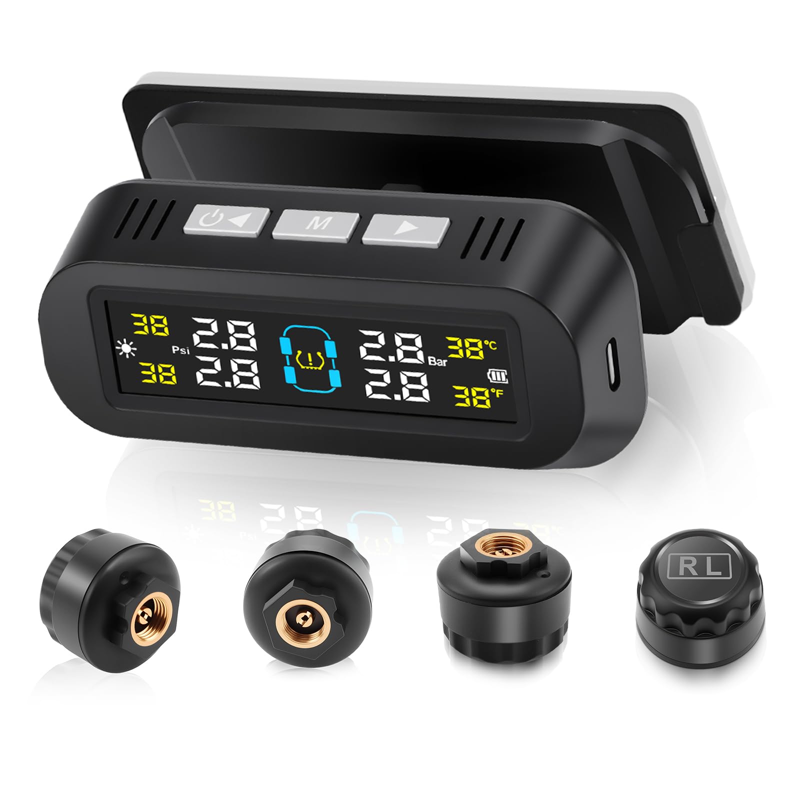 Sistema di Monitoraggio della Pressione dei Pneumatici Solare Sistema Monitor Pressione Gomme Staffa Rimovibile, 4 Sensori Esterni per Camper SUV Auto