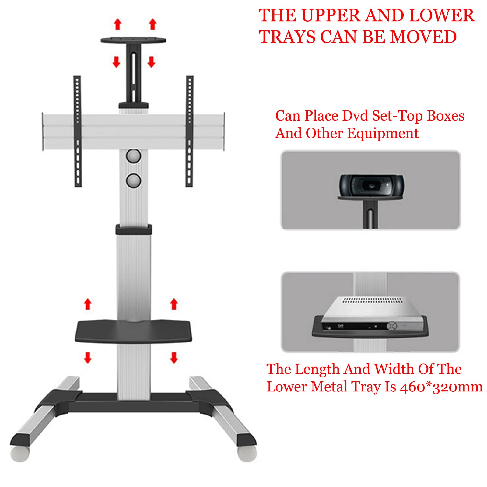 SRHIMEOS Chariot TV Meuble Télé Support avec Roulette Pied Pivotant et Réglable en Hauteur de 40 à 70 Pouces VESA Max de 600 x 400 mm Capacité Max de 70kg