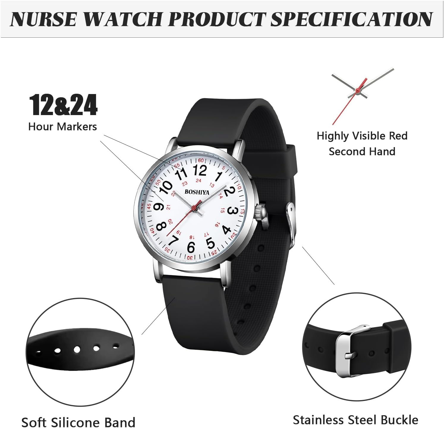 BOSHIYA Nurse Watch, Nursing Watch for Nurse, Medical Professionals and Students, Medical Watch with Second Hand for Nurses Easy to Read Waterproof 12/24 Hour Display, Silicone Band