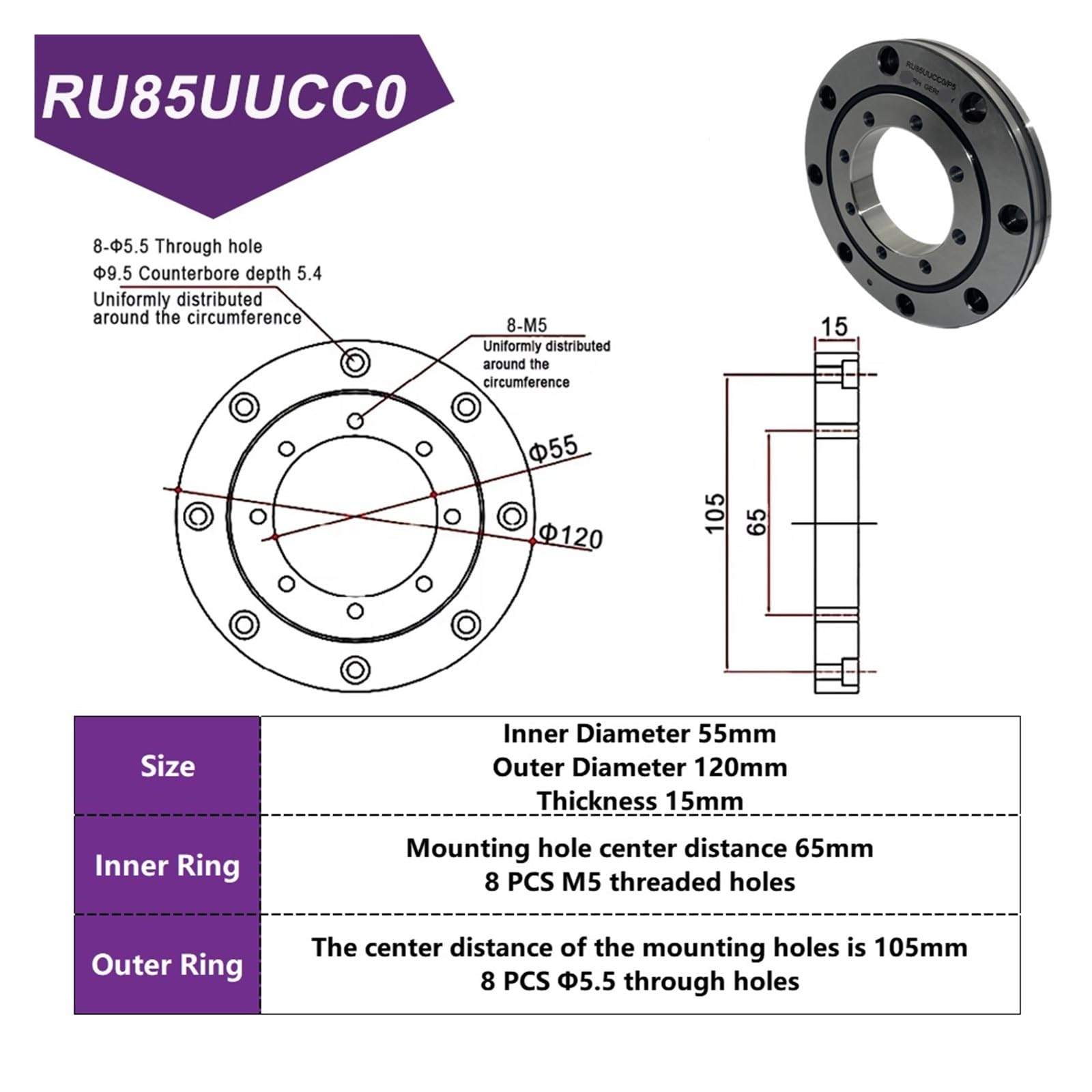 Anillos de rodamientos de rodillos cruzados de alta precisión RU28, RU42, RU66 y RU85 (1 unidad) - Precisión P4/P5 for un funcionamiento suave(P4 Ru85)