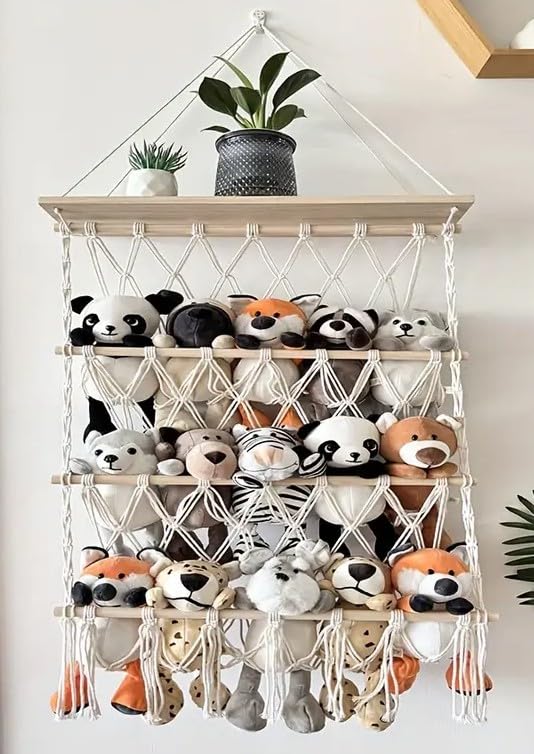 Hammock Organizer Mesh, layer Bohemian Net Organizer, Stuffed, Toy Storage Hammock, Rainbow Stuffed Animal Macrame for Toy Storage. (Three Layer)-image-4