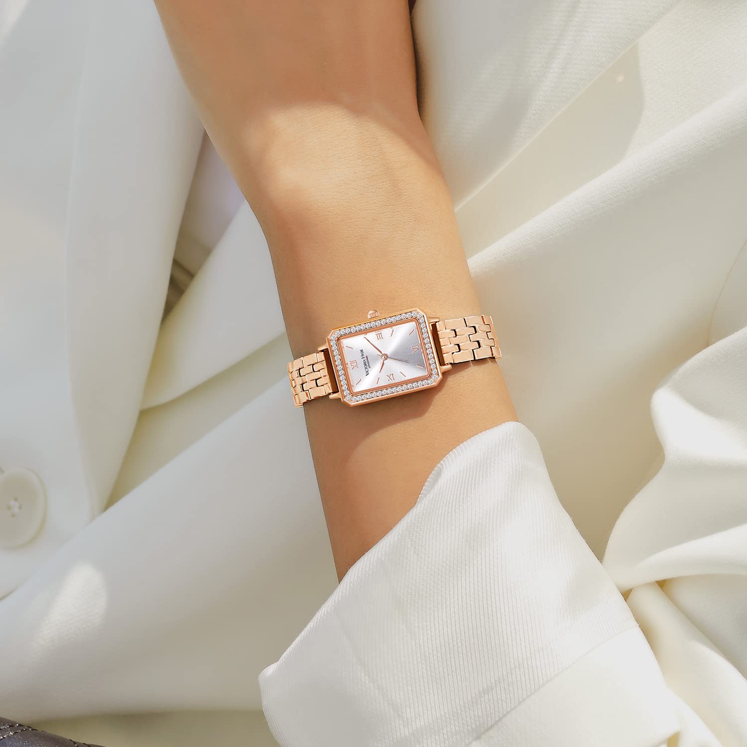 VICTORIA HYDE Reloj de pulsera rectangular para mujer, esfera verde, analógico, de cuarzo, con correa de acero inoxidable