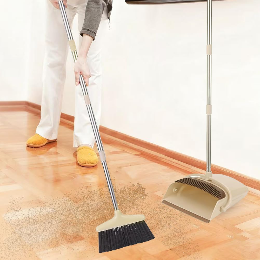 Yuragim Set di scopa e paletta, con manico e paletta con manico lungo, 137 cm, paletta verticale e scopa, per la pulizia della casa, ufficio (beige)