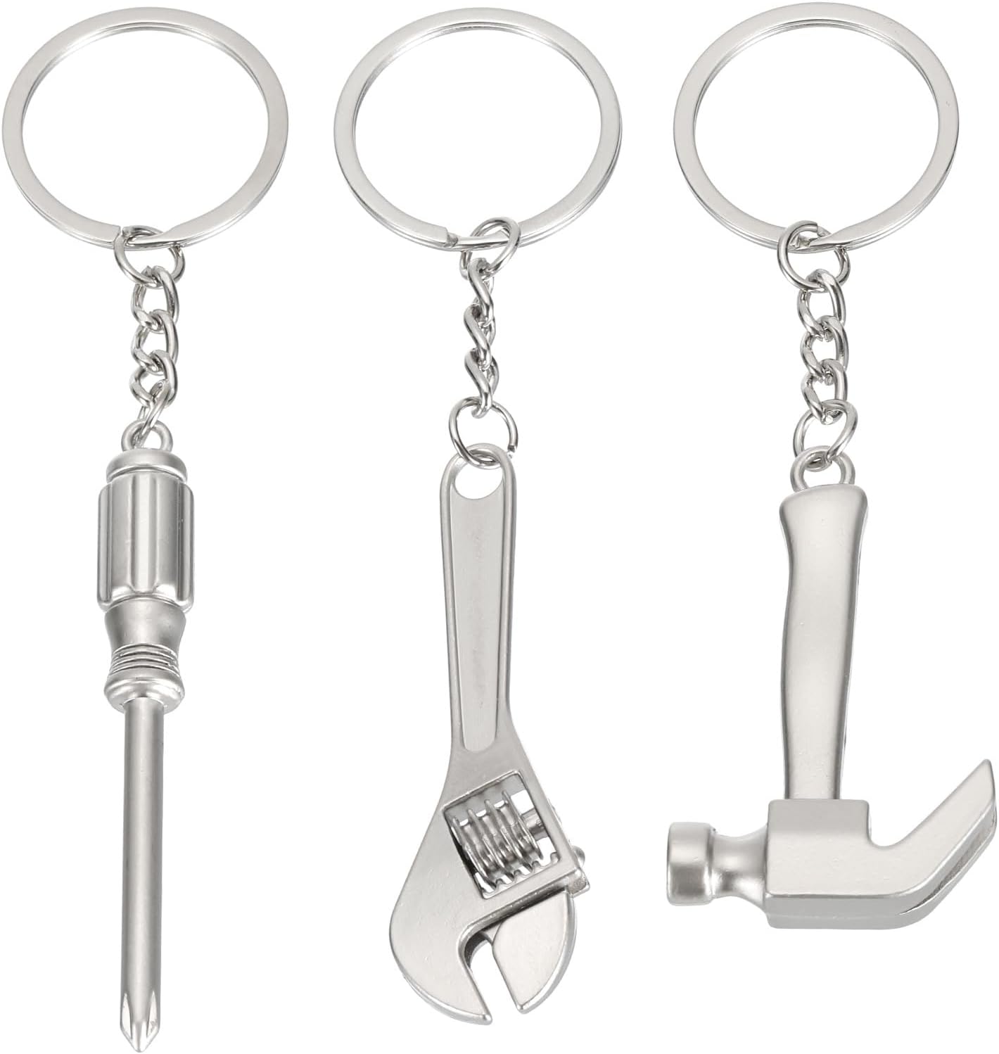 Mini Hand Tools Keychain, 3 Pack Metal Hardware Wrench Tool Keyring DIY Creative Tool Spanner Pendant for Screwdriver Hammer Claw Keychain, Silver