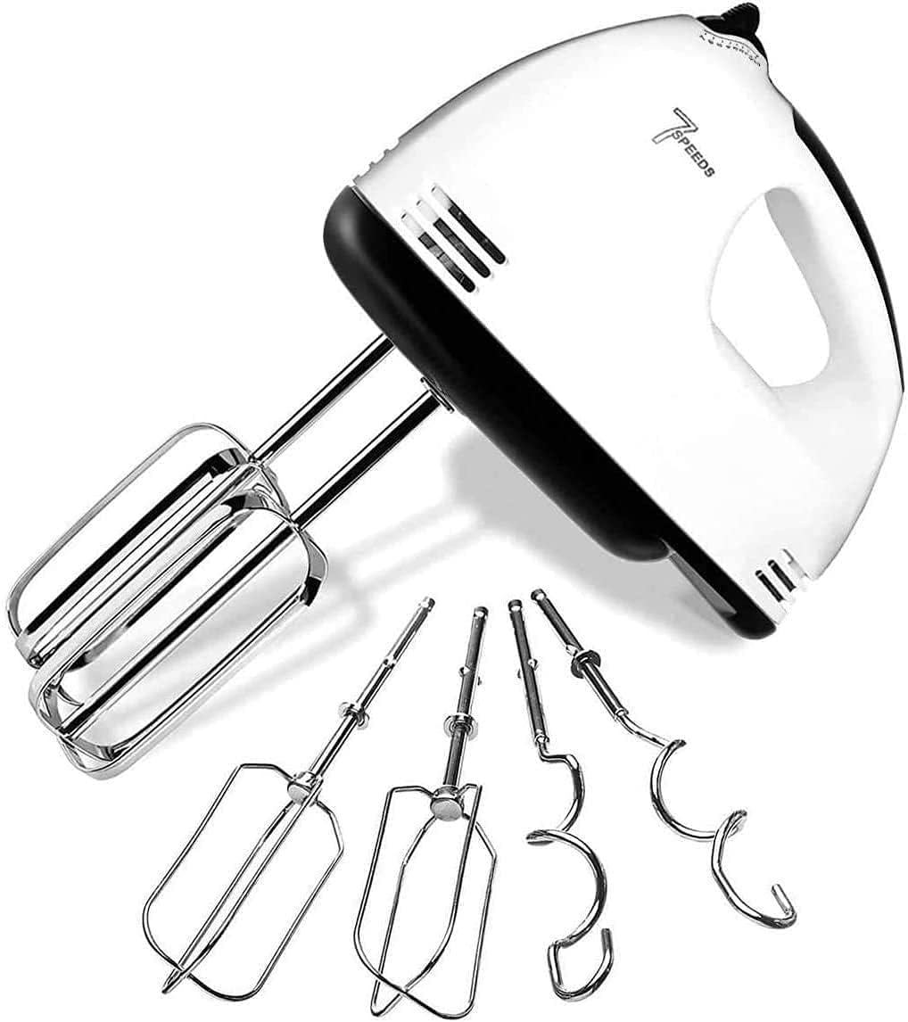BURDEAN Electric Hand Mixer, 7 Speeds Selection Portable Kitchen Whisk, Lightweight Powerful Handheld Electric Mixer Stainless Steel Egg Whisk with 2 Beaters & 2 Dough Hooks for Cake, Baking, Cooking