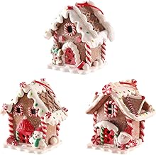 UAEYW 3Pcs Gingerbread House Ornaments for Christmas Tree Decorations Battery Operated Lighted LED Clay Hanging Candy House Ornament with Rope for Xmas Holiday Party New Year Home Decor