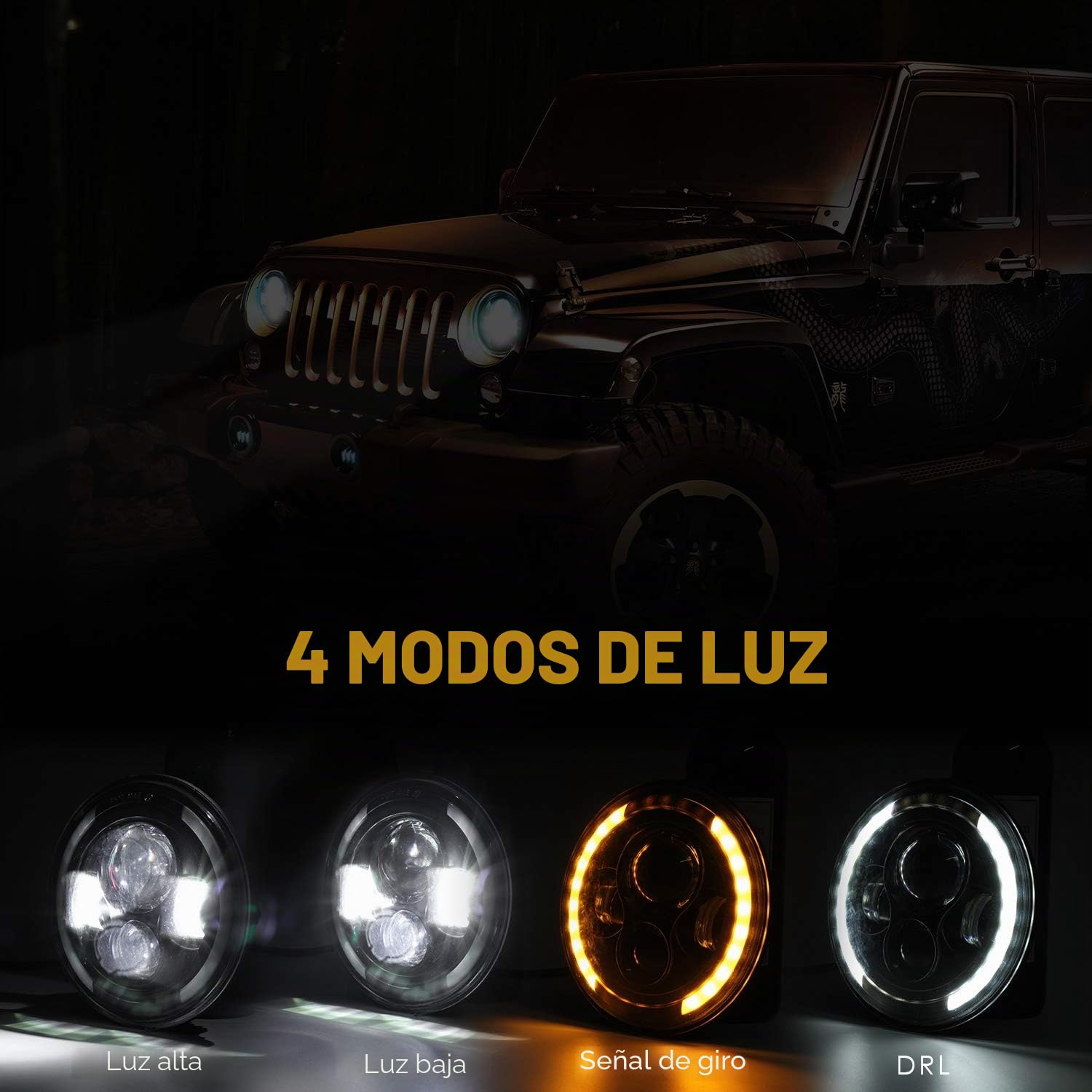 7" Luz de trabajo LED de100W 10000LM 4 lentes Ojos de ángel 3000K+6000K 4 modos de iluminación Luces LED todoterreno redondas negras Cree Luz baja DRL HI LO Haz para Wrangler JK TJ LJ CJ Hummber H1 H2