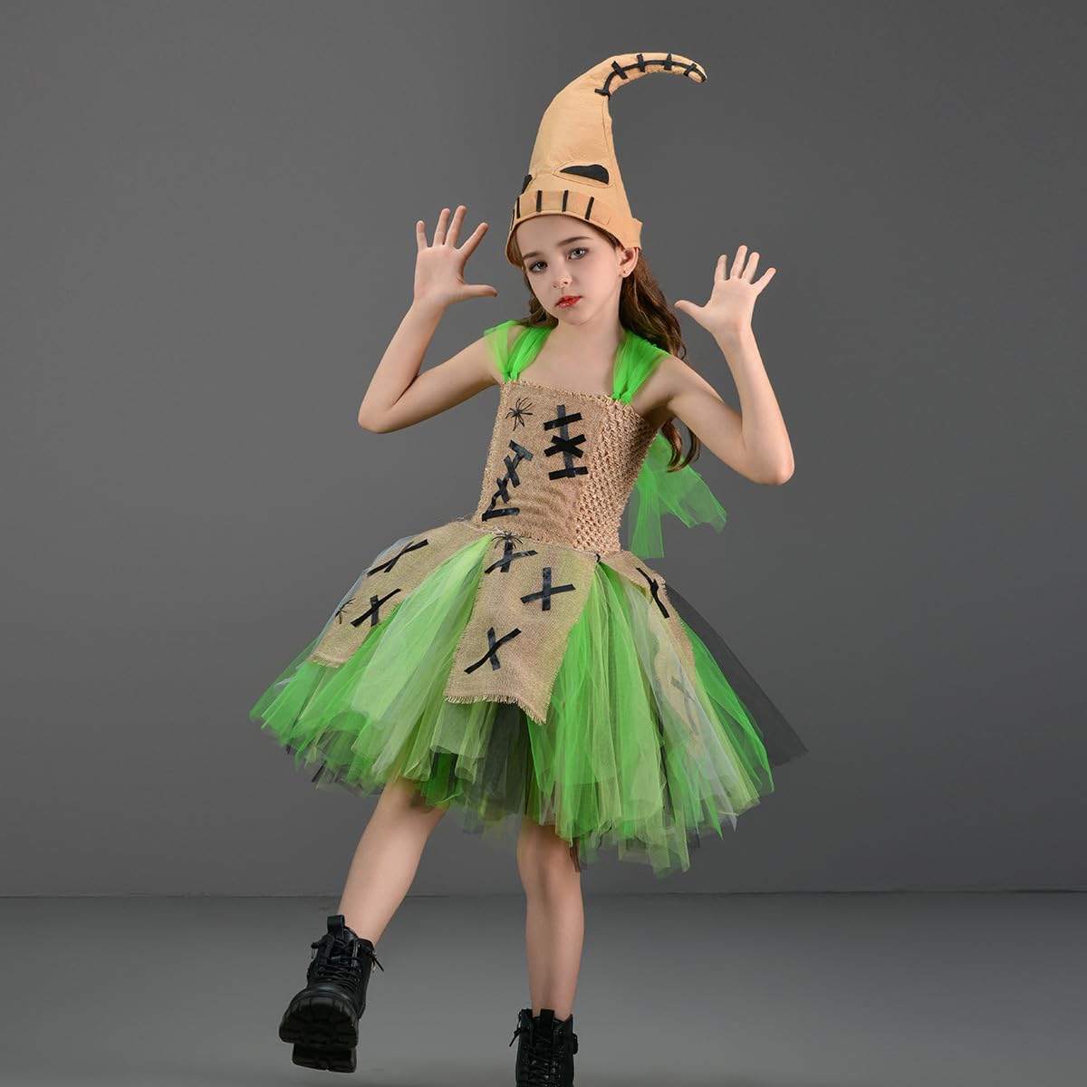 IBAKOM Halloween Costume Girls Princess Dress Nightmare Ruffle Tulle Dress and Skeleton Hat Fancy Dress Costume for Kid Girls Green S/2-3Y - Image 3