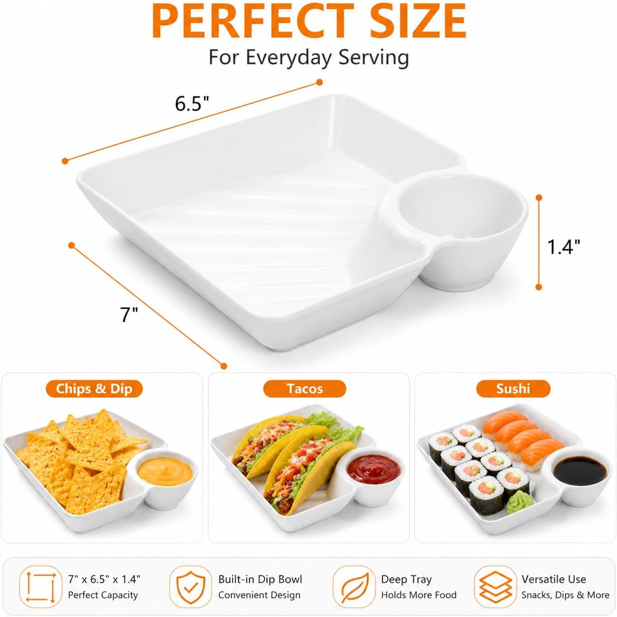 Zimtty 10-Piece Plastic Chips and Dip Plates Set - Divided Serving Platter with Dipping Saucer - White Snack Dishes for Appetizer Sushi Taco Salsa Charcuterie - Reusable