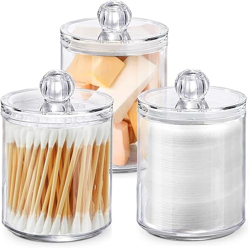 Qtip - Dispensador de soporte para bolas de algodón, hisopo, almohadillas redondas, púas de hilo dental  Juego de tarros de boticario de plástico