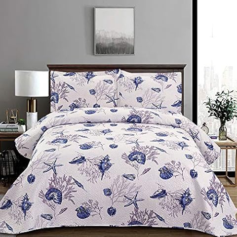 Jessy Home Ocean Bedding 3 Piece Queen/Full Size 90“x90” Starfish Quilts Set Ocean World Blue Reversible Bedspread Coverlet Set Seashell Conch Decor Super Soft All-Season Quilt Cover