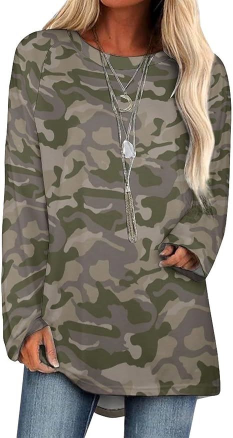 Amazon Co Jp 長袖 Tシャツ レディース 迷彩柄 カモフラージュ ロング丈 シャツ ロングスリーブ ロンt長袖 ロングtシャツ シャツ 女性 体型カバー 長いシャツ 運動服 クルーネック ゆったり トップス プリント シンプル 丸襟 柔らかい 快適 カジュアル 人気 家庭