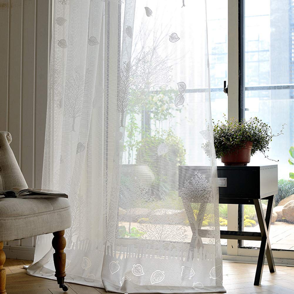 Arbre et Feuilles Rideaux Voilage Jacquard Voile Transparent Rideaux à Oeillets 2 Panneaux pour Balcon Salon Enfant Chambre,Blanc,W135xL244cm
