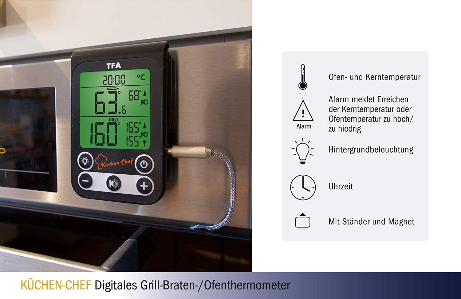 TFA Dostmann 14.1512.01 Küchen-Chef Digitales Grillthermometer Bratenthermometer, Kontrolle der Kerntemperatur und Garraumtemperatur, mit Knickschutz und Alarmton (schwarz mit Batterien)