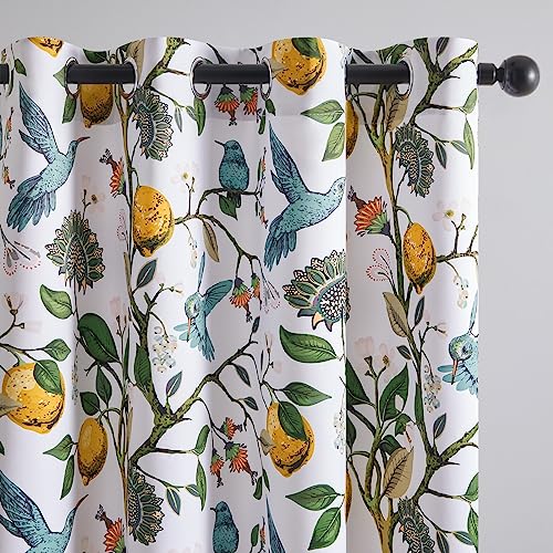 Image of Topfinel Kitchen Curtains 45 Inch Length White Vintage Blackout Curtains for Cafe Kitchen, Short Grommet Luxury Whimsical Floral Hummingbird Patterned 45 Inches Long for Living Room Bedroom