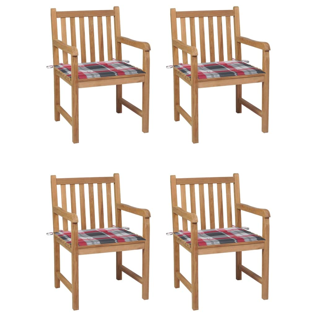 4 sedie da giardino con cuscino a quadri rossi, in legno massello di teak, resistenti alle intemperie, impilabili, con braccioli e schienale, ideali come sedia da balcone e terrazza