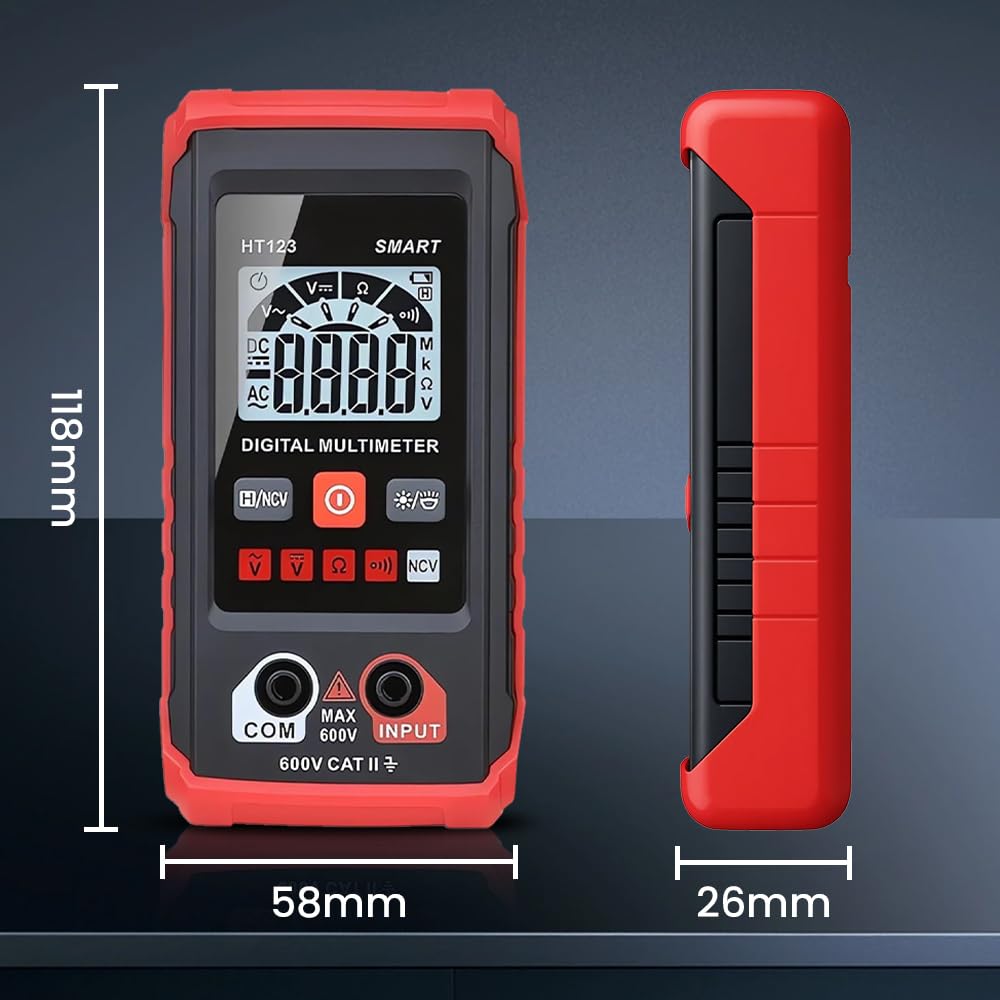 Digital Smart Multimeter, HT123 Fully Automatic Anti-Burn Intelligent Digital Multimeter, AC/DC Voltage Tester Non-Contact Multimeter Tester with Test Leads, Digital Multi Testers (Red, 2PCS)