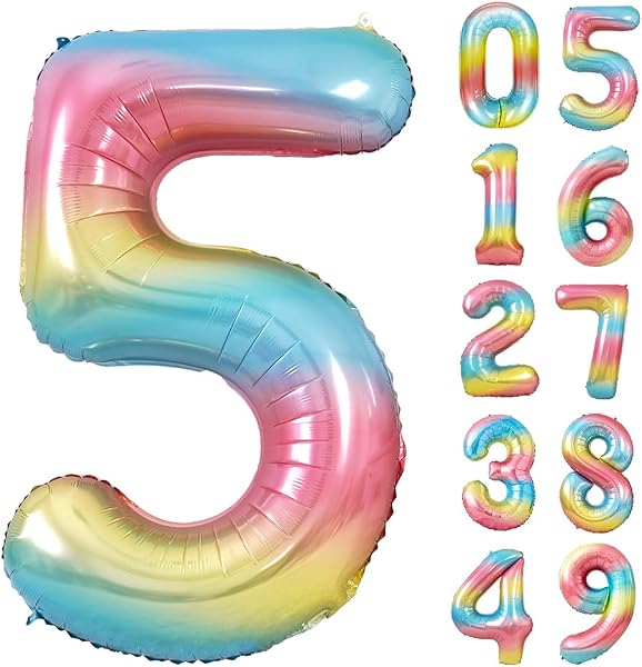 regalo 数字 バルーン 90cm 数字5 ナンバー アルミ風船 大きい 誕生日 飾り付け 記念日 お祝い ビッグ (数字5, レインボー) - 1